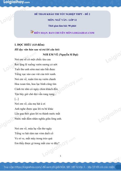 Đề tham khảo thi Văn THPT (Đề số 2) - có lời giải chi tiết